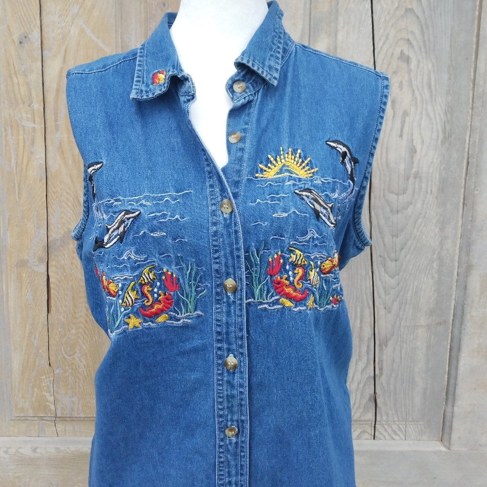 Retro Ocean Embroidered Denim Top